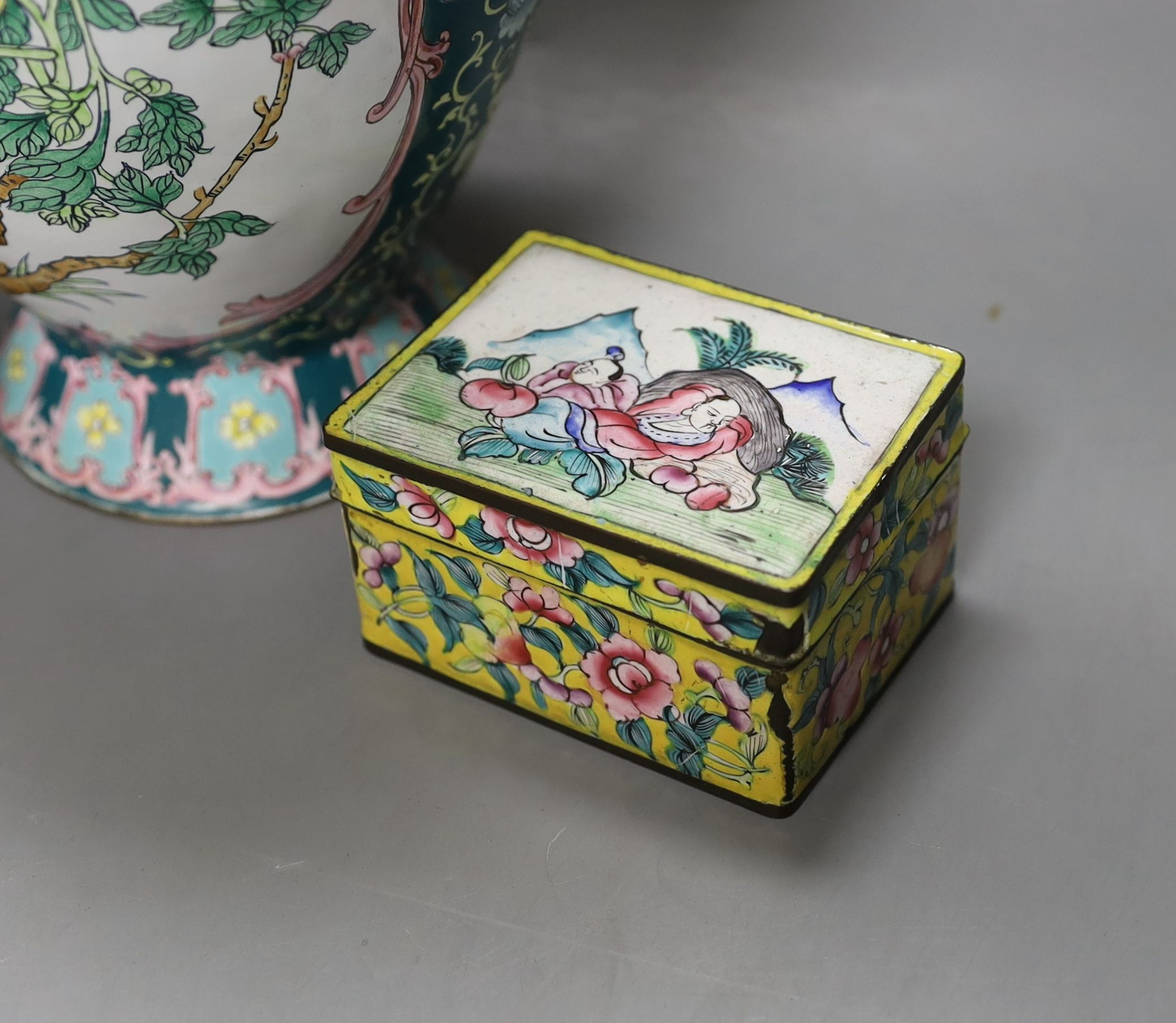 A large Chinese Canton enamel vase, a smaller vase and a box, 19th/20th century (3) - tallest 30cm